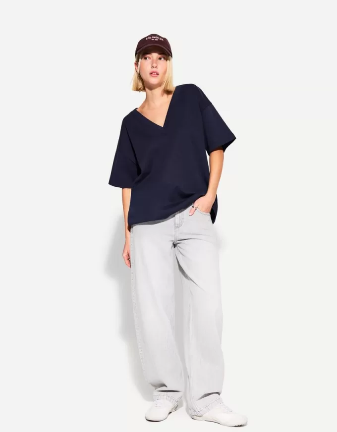 Heavy cotton V-neck short sleeve T-shirt