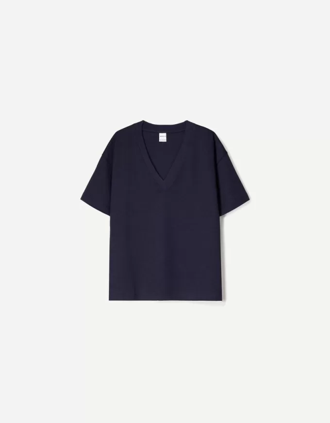 Heavy cotton V-neck short sleeve T-shirt