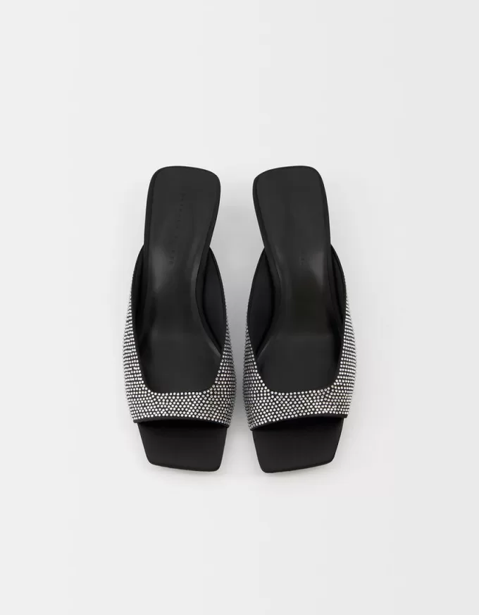 Heeled mule sandals with rhinestone details Heeled mule sandals with rhinestone details