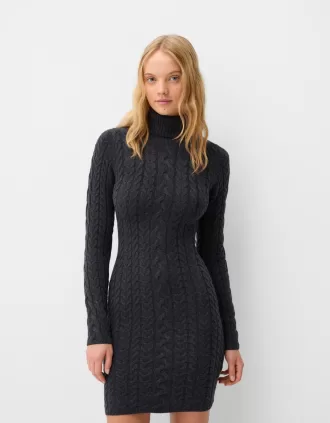 High neck cable-knit mini dress