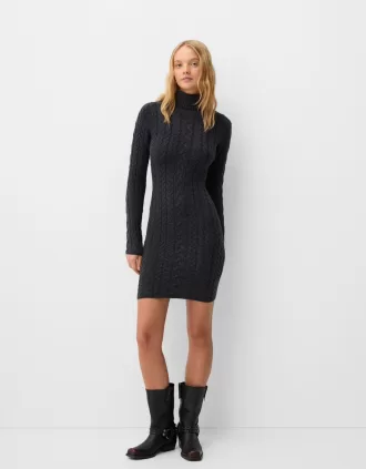 High neck cable-knit mini dress