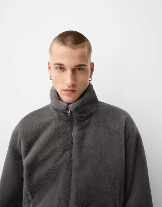 High neck faux fur jacket with zipper