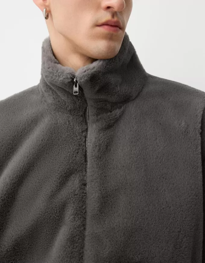 High neck faux fur jacket with zipper