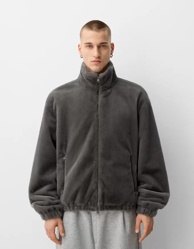 High neck faux fur jacket with zipper