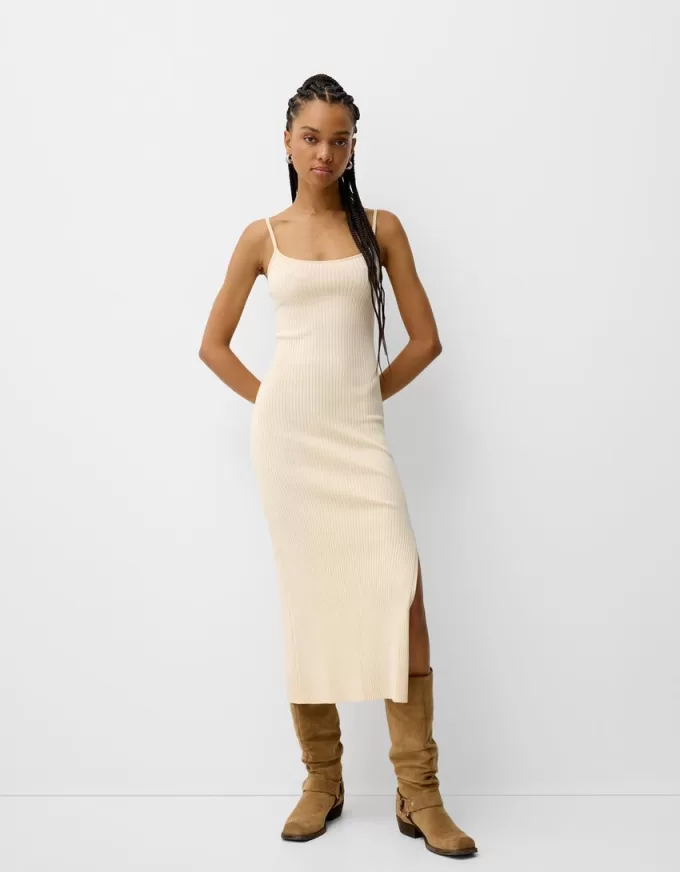 Knit midi dress with beading