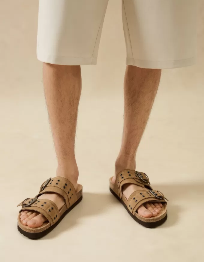 LEATHER buckled flat slider sandals