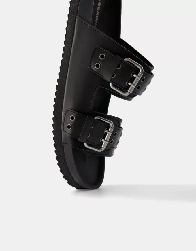 LEATHER buckled flat slider sandals