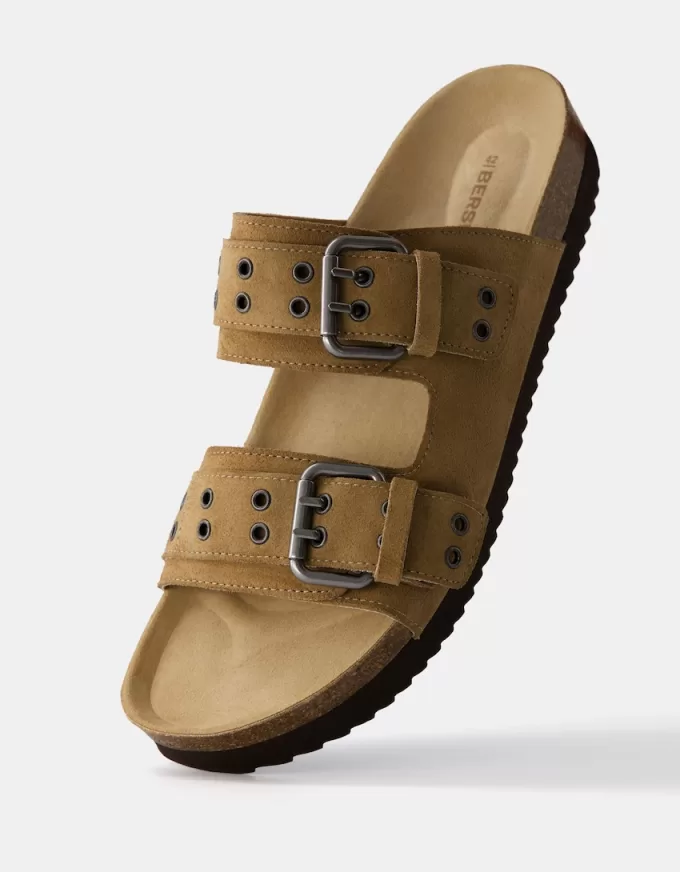 LEATHER buckled flat slider sandals