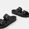 LEATHER buckled flat slider sandals