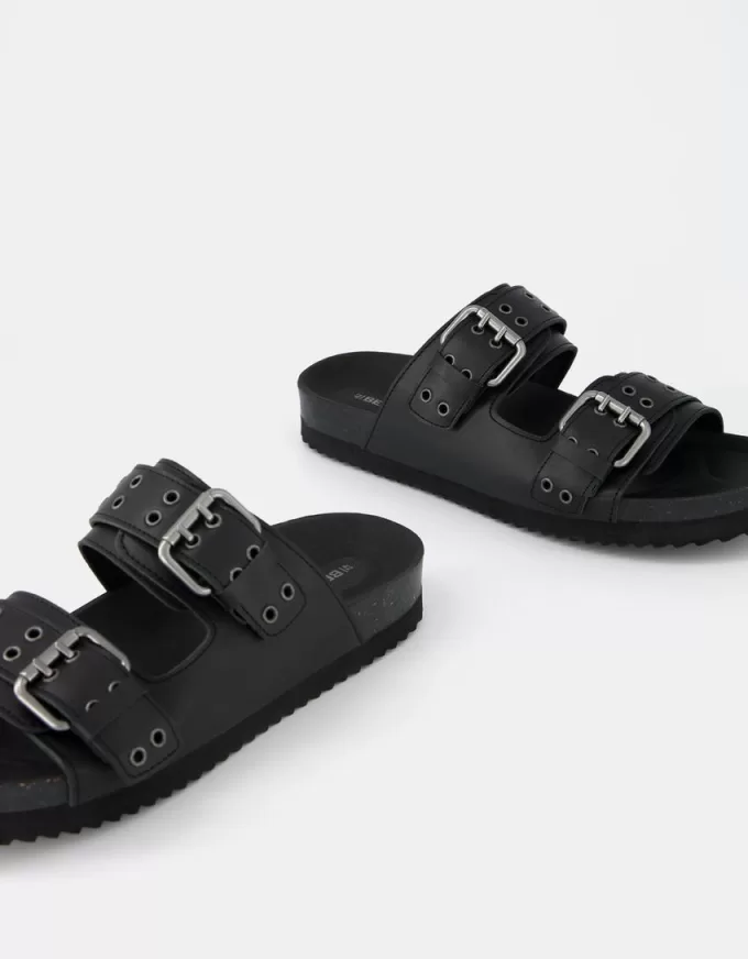 LEATHER buckled flat slider sandals