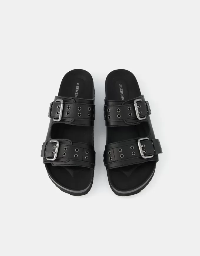 LEATHER buckled flat slider sandals