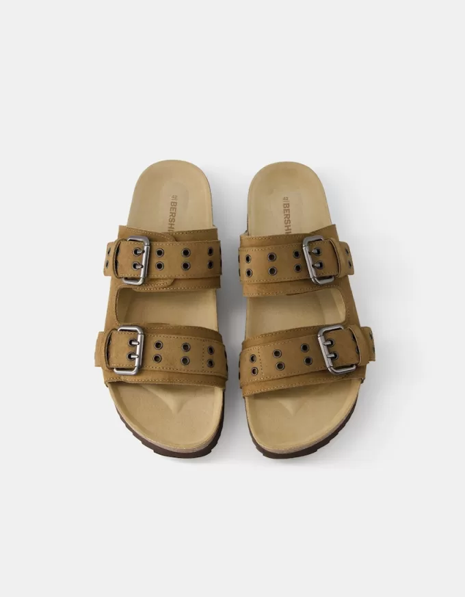 LEATHER buckled flat slider sandals