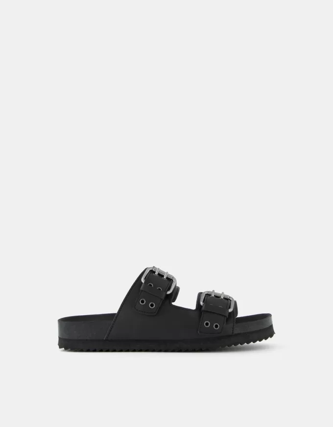 LEATHER buckled flat slider sandals