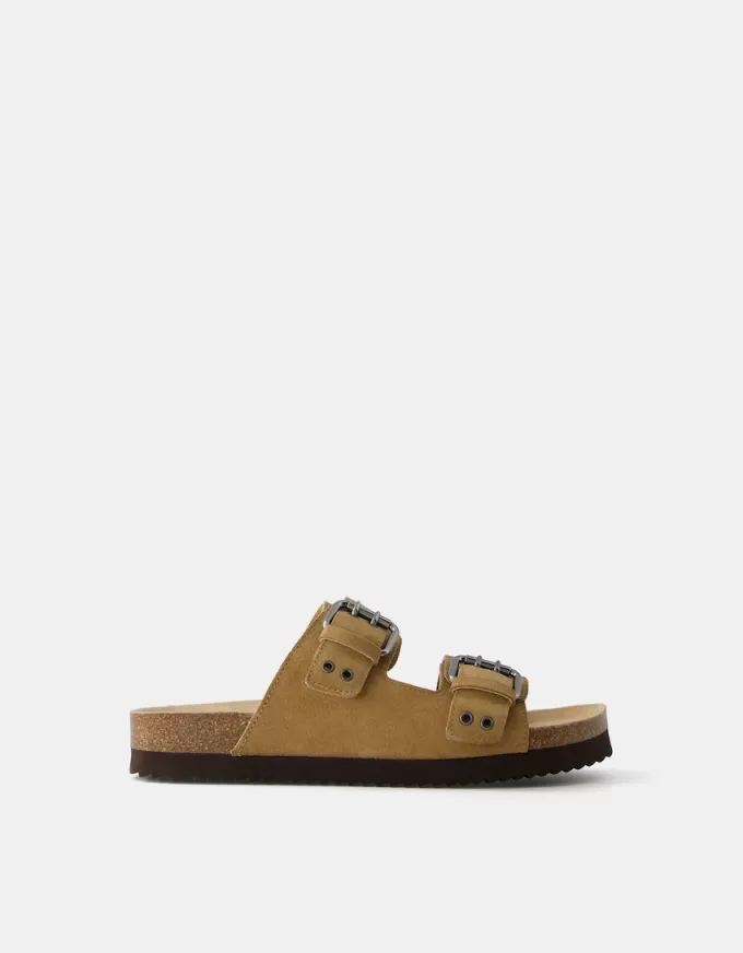 LEATHER buckled flat slider sandals