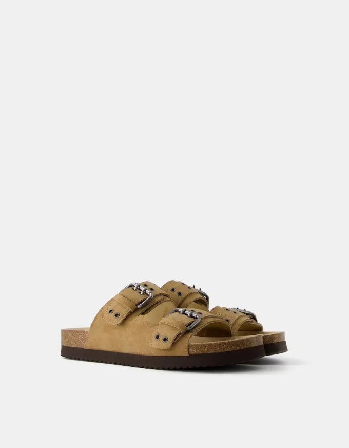 LEATHER buckled flat slider sandals