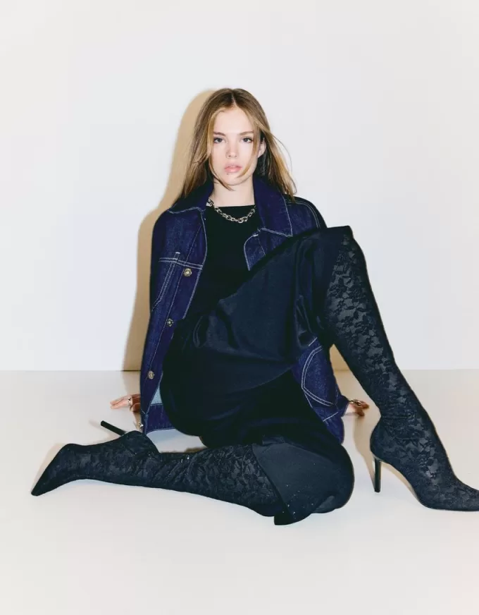 Lace high-heel knee-high boots