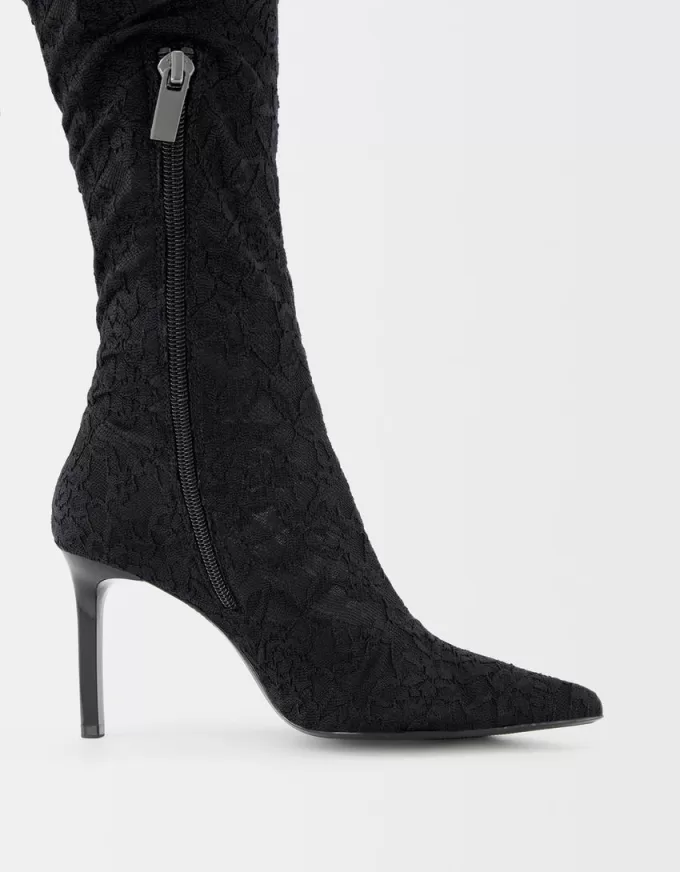 Lace high-heel knee-high boots