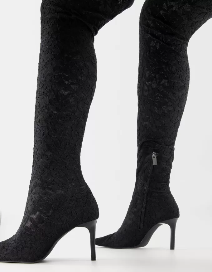 Lace high-heel knee-high boots