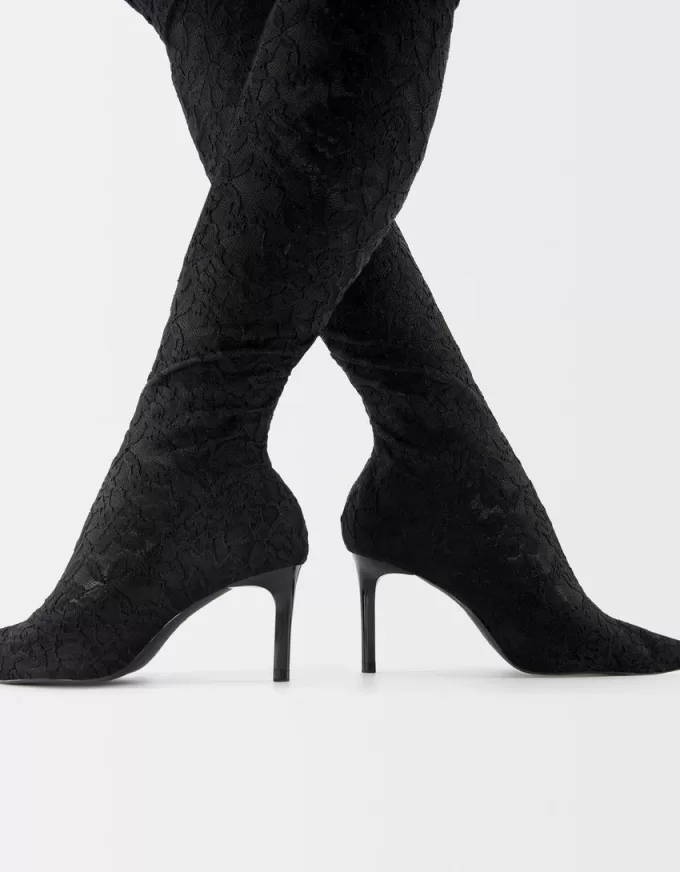 Lace high-heel knee-high boots