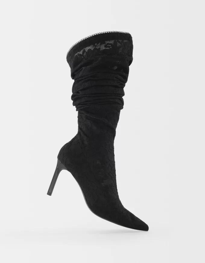 Lace high-heel knee-high boots