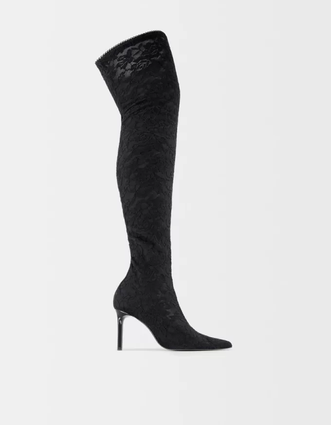 Lace high-heel knee-high boots