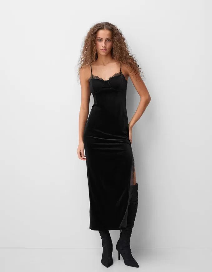 Lace-trimmed velvet midi dress