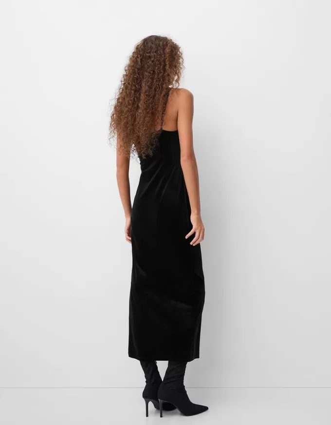Lace-trimmed velvet midi dress