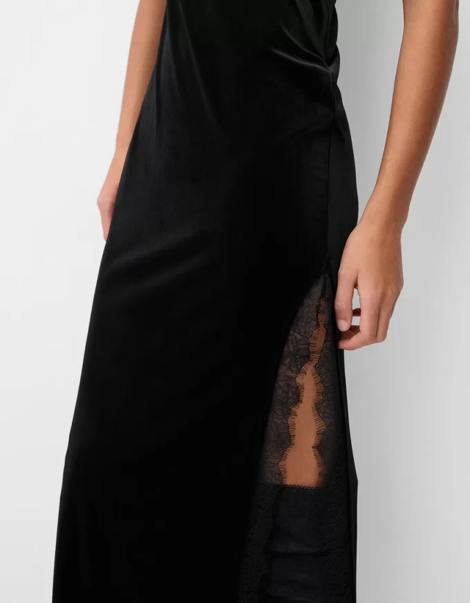 Lace-trimmed velvet midi dress