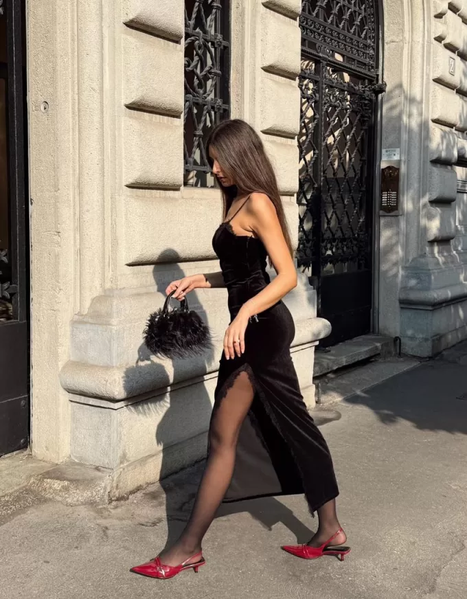 Lace-trimmed velvet midi dress