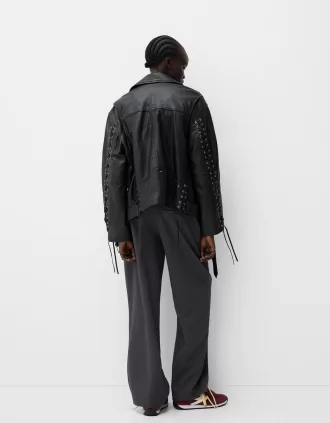 Leather biker jacket with tie detail