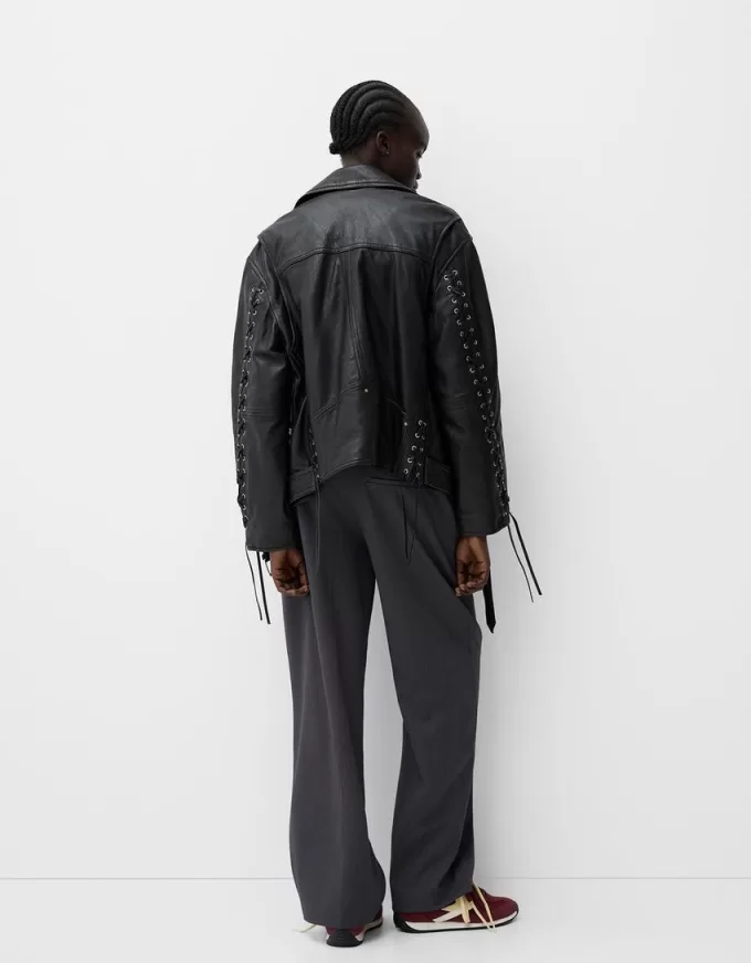 Leather biker jacket with tie detail