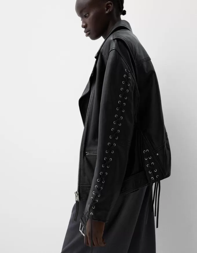 Leather biker jacket with tie detail