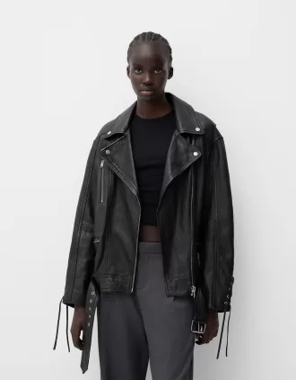 Leather biker jacket with tie detail