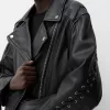 Leather biker jacket with tie detail
