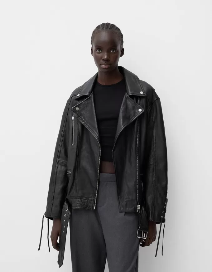 Leather biker jacket with tie detail