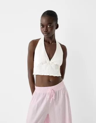 Linen blend halterneck crop top