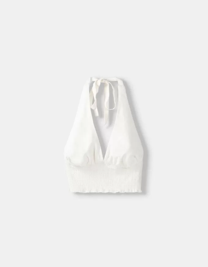 Linen blend halterneck crop top