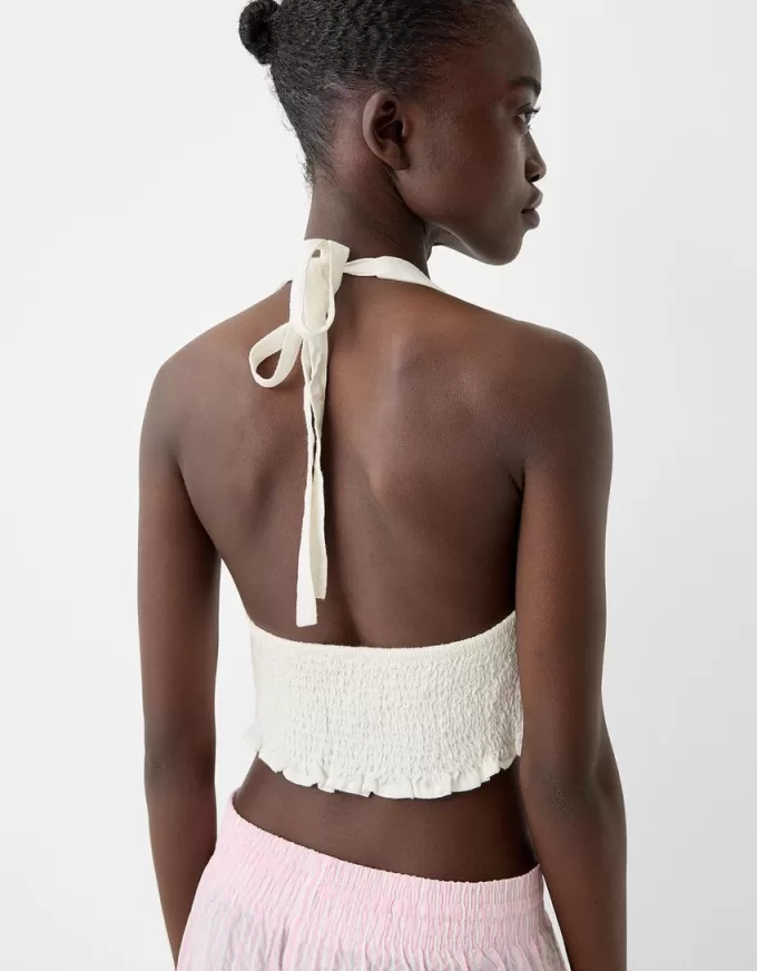 Linen blend halterneck crop top