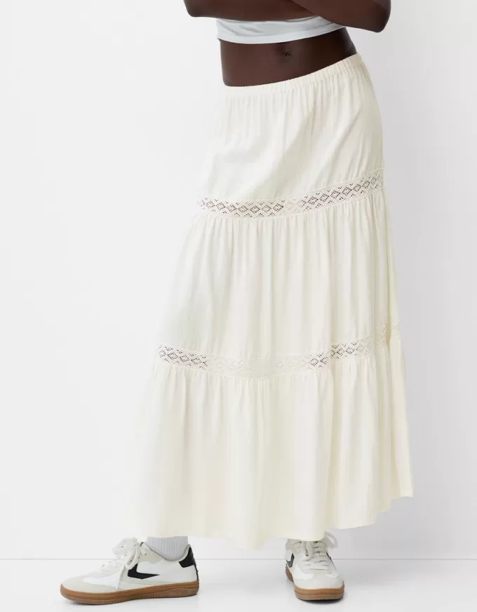 Linen blend midi skirt with elastic waistband Linen blend midi skirt with elastic waistband