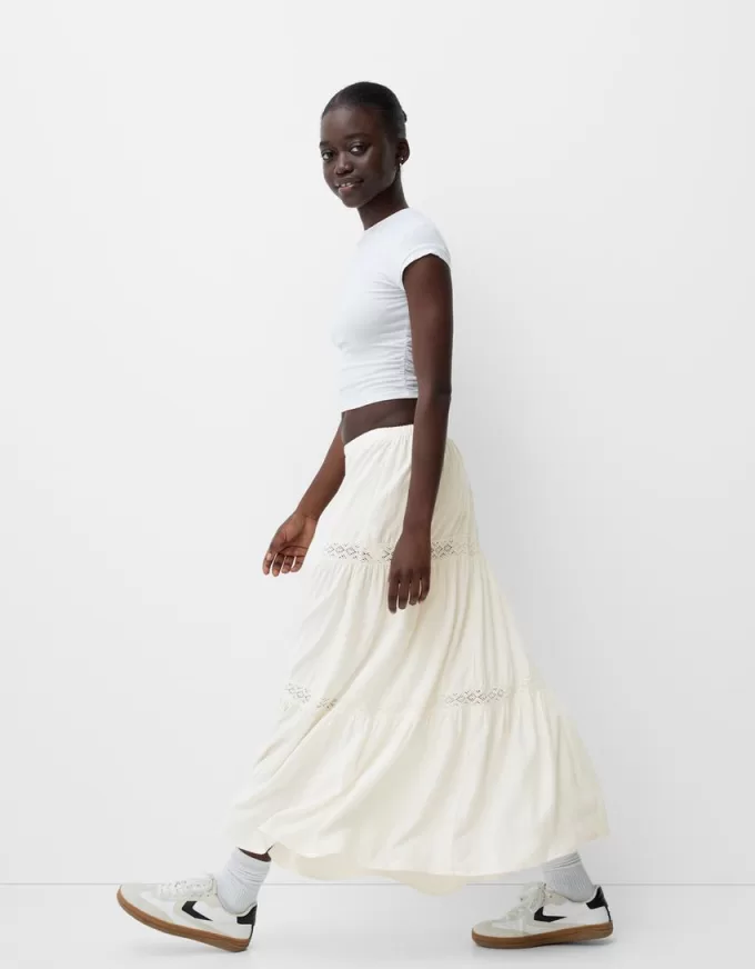 Linen blend midi skirt with elastic waistband Linen blend midi skirt with elastic waistband