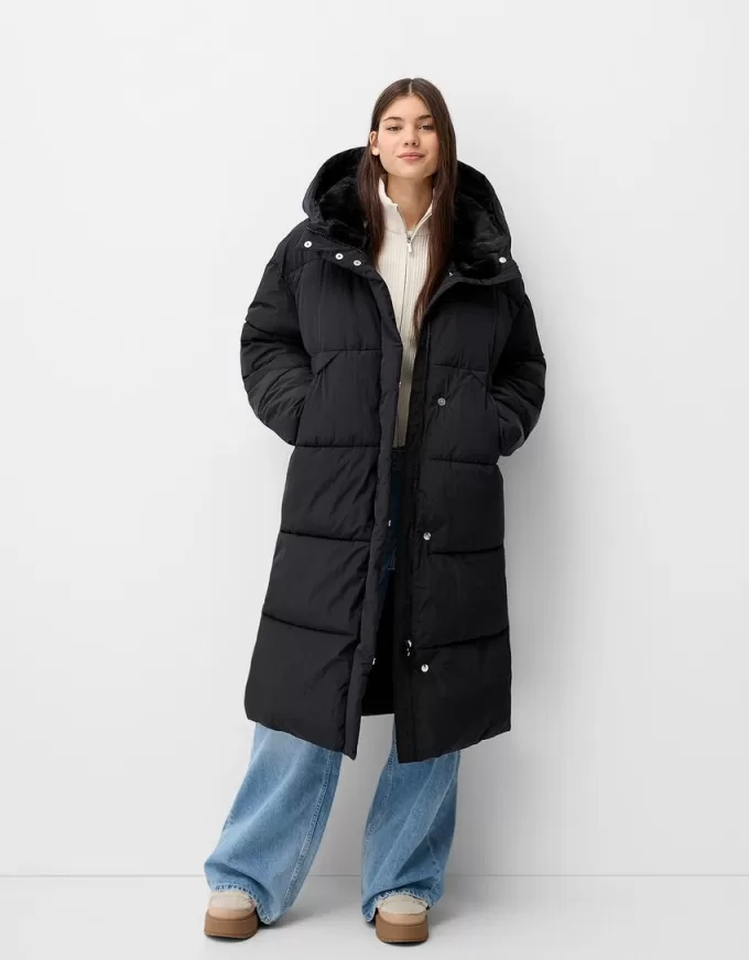 Long puffer coat with hood