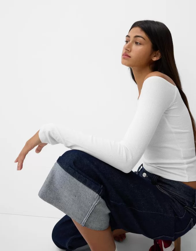 Long sleeve Bardot neckline T-shirt