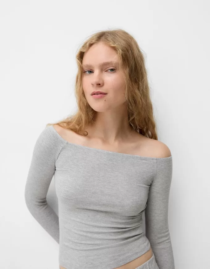 Long sleeve Bardot neckline T-shirt