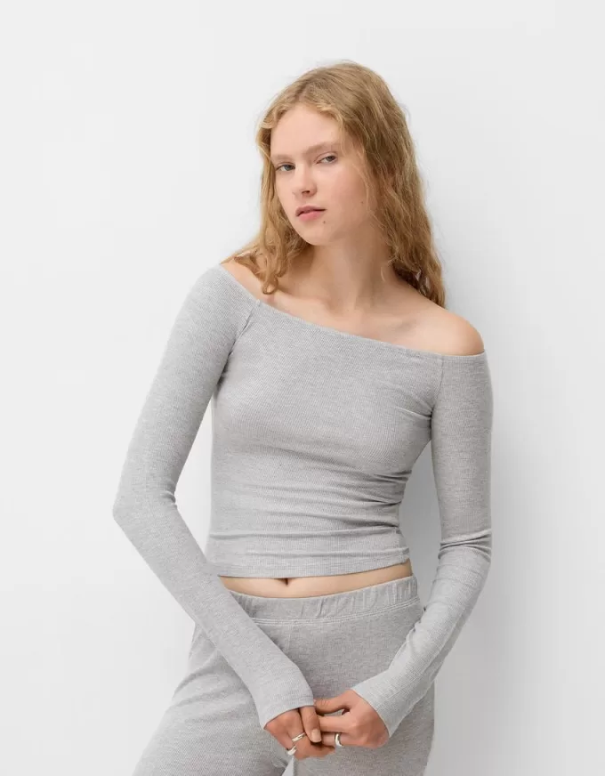 Long sleeve Bardot neckline T-shirt