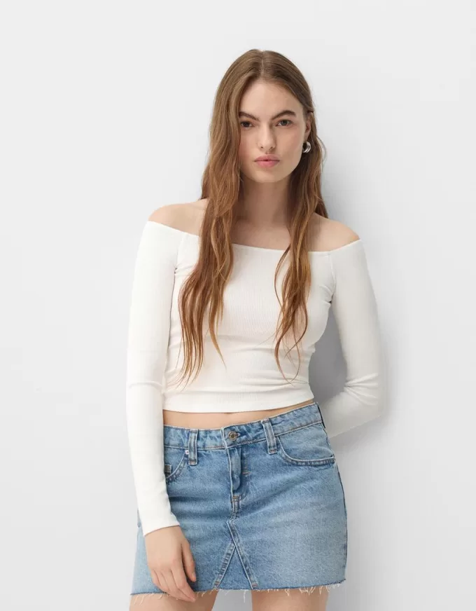 Long sleeve Bardot neckline T-shirt