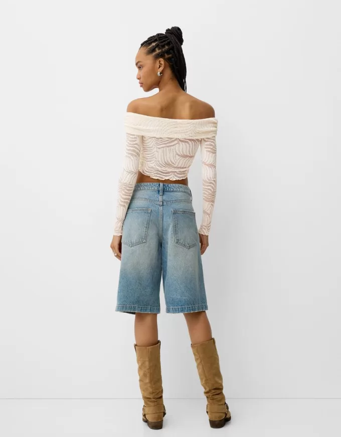 Long sleeve Bardot neckline rustic T-shirt