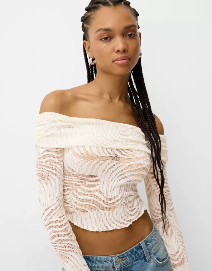 Long sleeve Bardot neckline rustic T-shirt