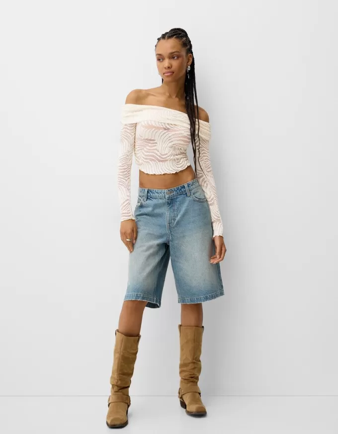 Long sleeve Bardot neckline rustic T-shirt