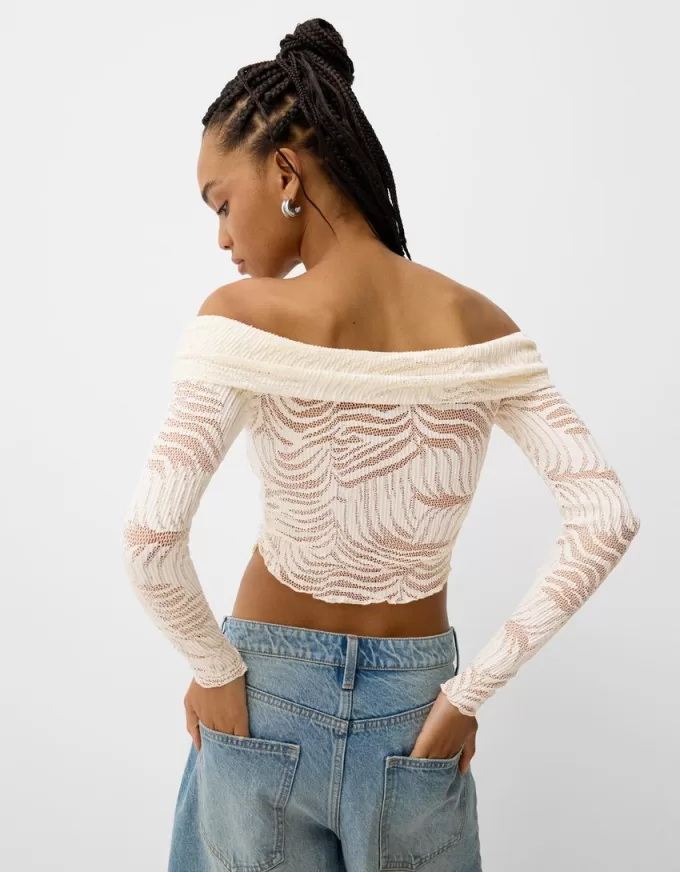 Long sleeve Bardot neckline rustic T-shirt