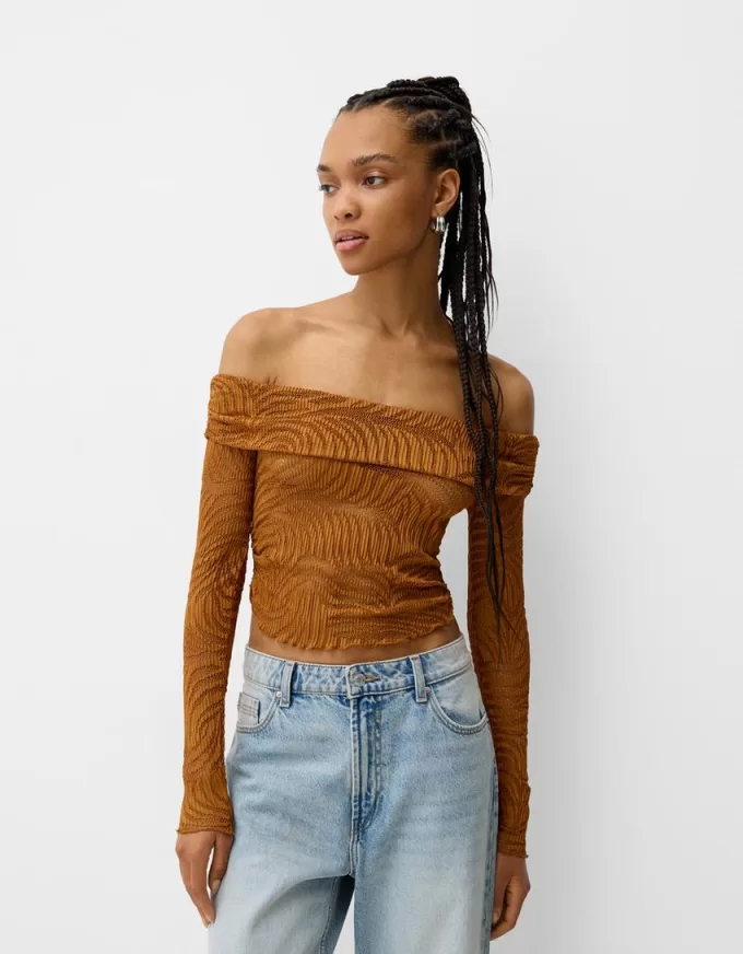 Long sleeve Bardot neckline rustic T-shirt